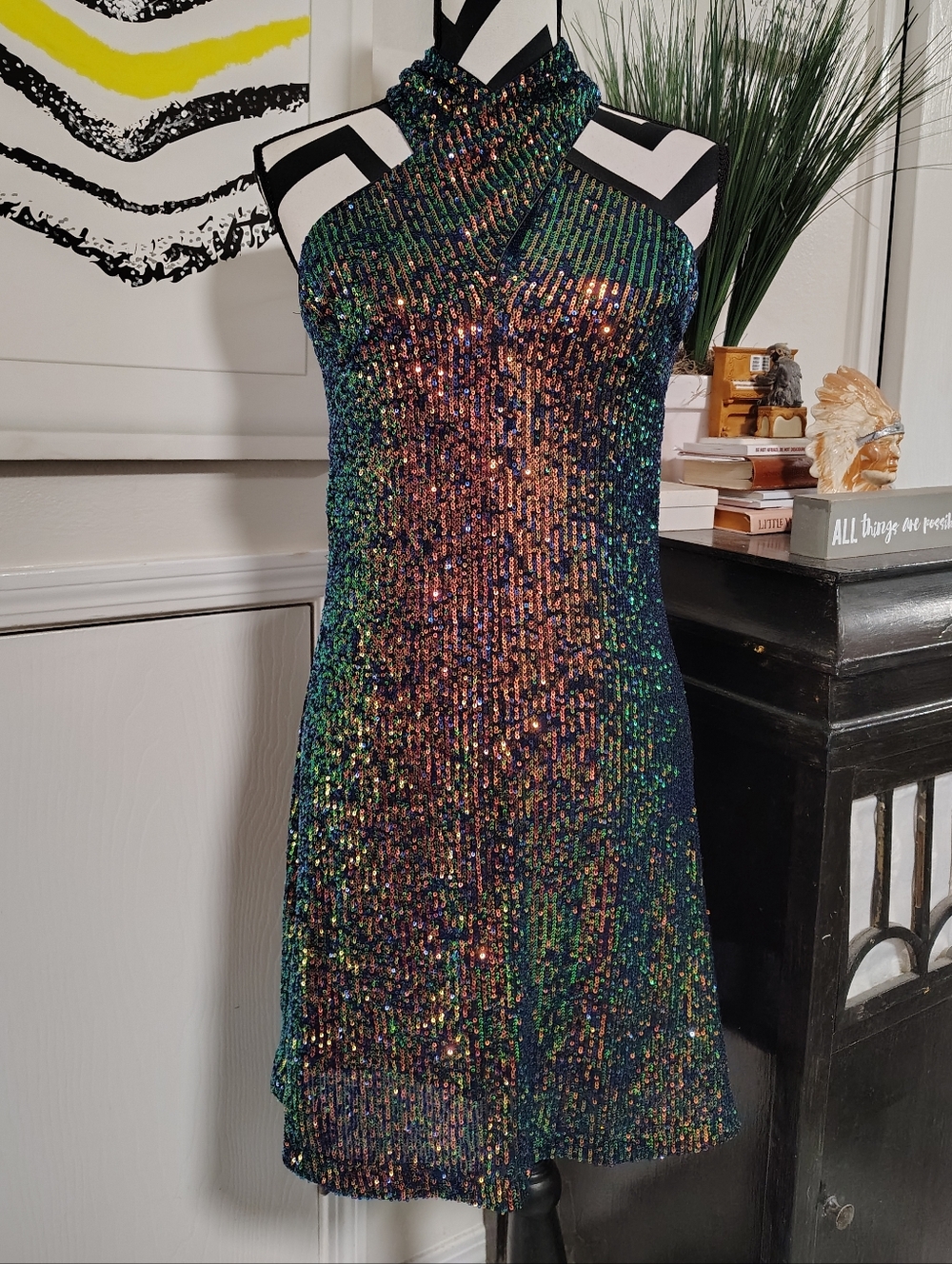 Caché Sequin Halter Mini Dress Iridescent Women's XS Mermaidcore Retro Stretch - Picture 5 of 9